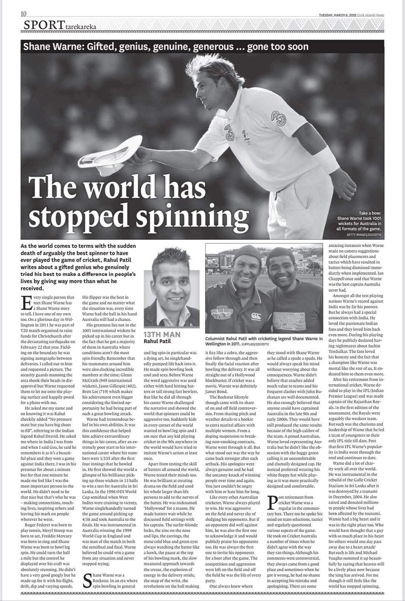 rahulpatilnz's tweet photo. If cricket was a movie then #ShaneWarne was definitely James Bond. My tribute to the #kingofspin in the @CINewsOnline 🙏 #RIPShaneWarne #ripking #RIPWarne https://t.co/u4BRcf36nm https://t.co/TcQJtjp3Ie