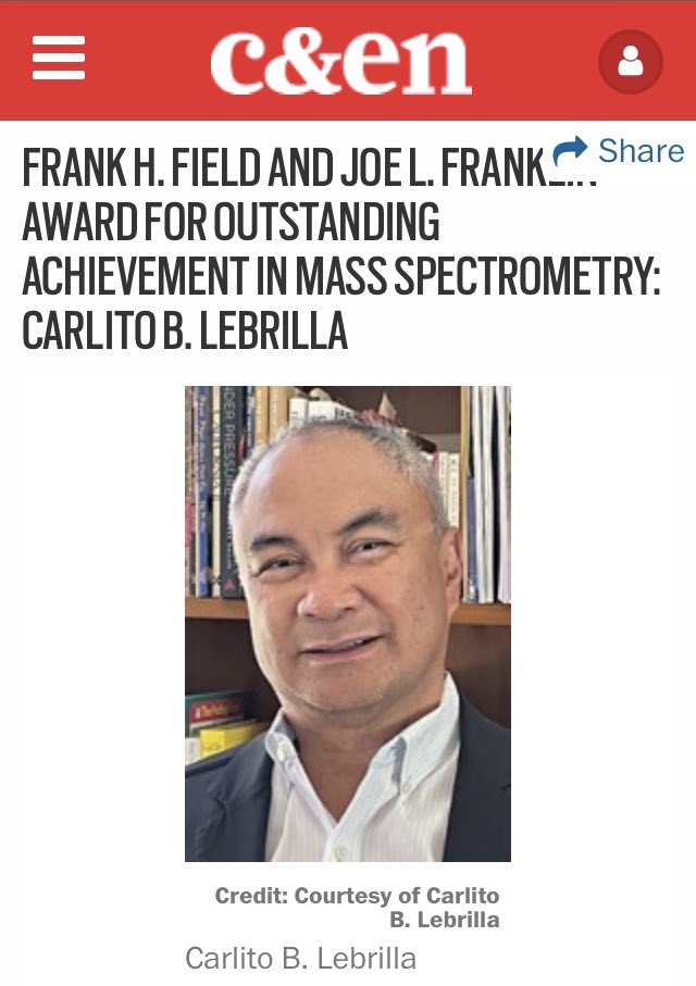 2022 ACS Field/Franklin Award for outstanding achievements in mass spectrometry goes to Carlito Lebrilla for “development of glycomic &amp; glycoproteomic methods in analytical chemistry”!

cen.acs.org/people/awards/…