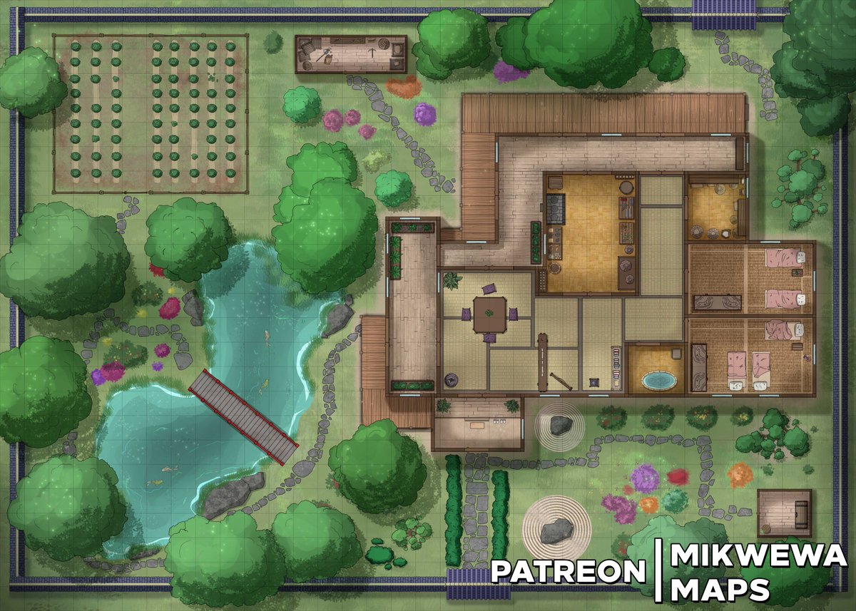 The first map of March! We are fans of Asian culture and cuisine, and it was only a matter of time before we released the Japanese-themed map! We're delighted with our Japanese Estate, which comes in 2 base variants - roof and open house!

#battlemap #dndmap