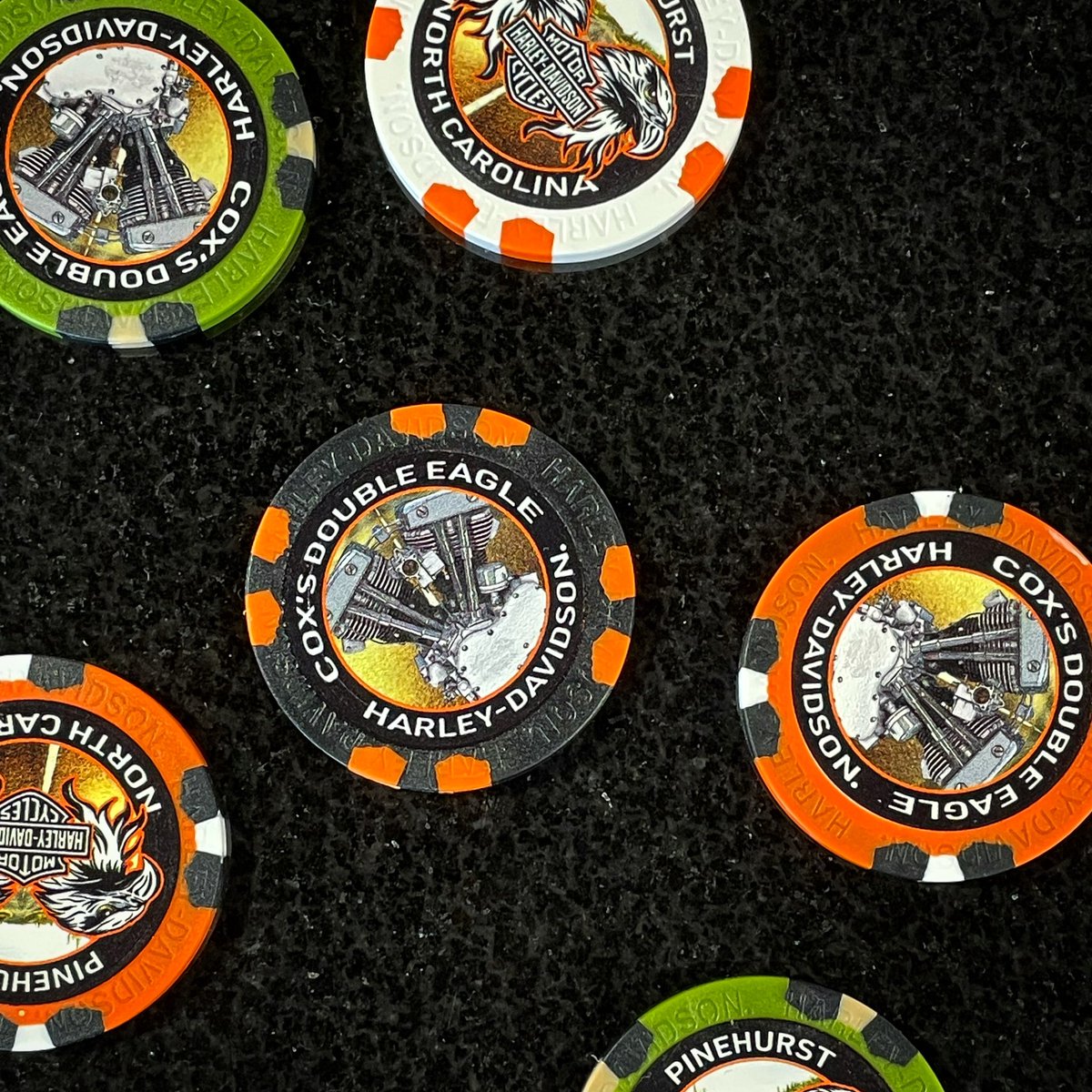 coxsdoubleeagle's tweet photo. NEW Custom Double Eagle H-D Poker Chips have ARRIVED! 🚨🚨🚨 Featuring a shovel head engine on one side and our classic logo on the other, available in orange, black, white &amp; OD green.😉 Collect them while you can, our next custom series will feature a panhead engine…😎 #harley https://t.co/O89fNNfRJ7