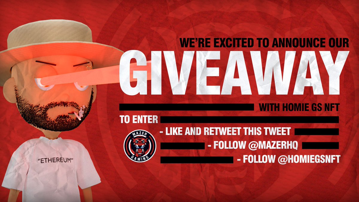 We’re teaming up with <a href="/HomieGsNFT/">Homie Gs</a> to giveaway one of their Homies to one of our followers! 💪

To enter: 
- RT this post 
- Follow <a href="/MazerHQ/">Mazer</a> &amp; <a href="/HomieGsNFT/">Homie Gs</a> 
- Tag 3 people below 

#MazerUp 🔥