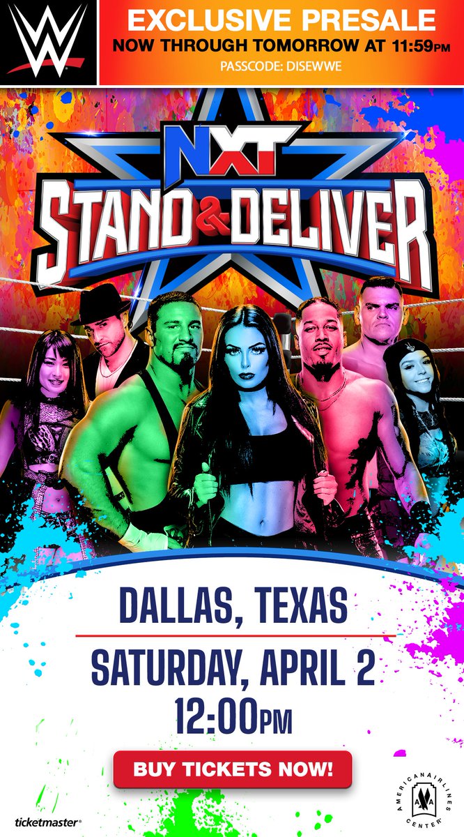 DISE members get early access to NXT Stand &amp; Deliver presale tomorrow 3/9 starting at 10 AM.  Use code DISEWWE to get your tickets to see <a href="/WWE/">WWE</a> in Dallas! Thank you, <a href="/dallas_sports/">Dallas Sports Commission</a> for continuing to bring BIG events to DFW.

Get tickets: ticketmaster.com/event/0C005C63…