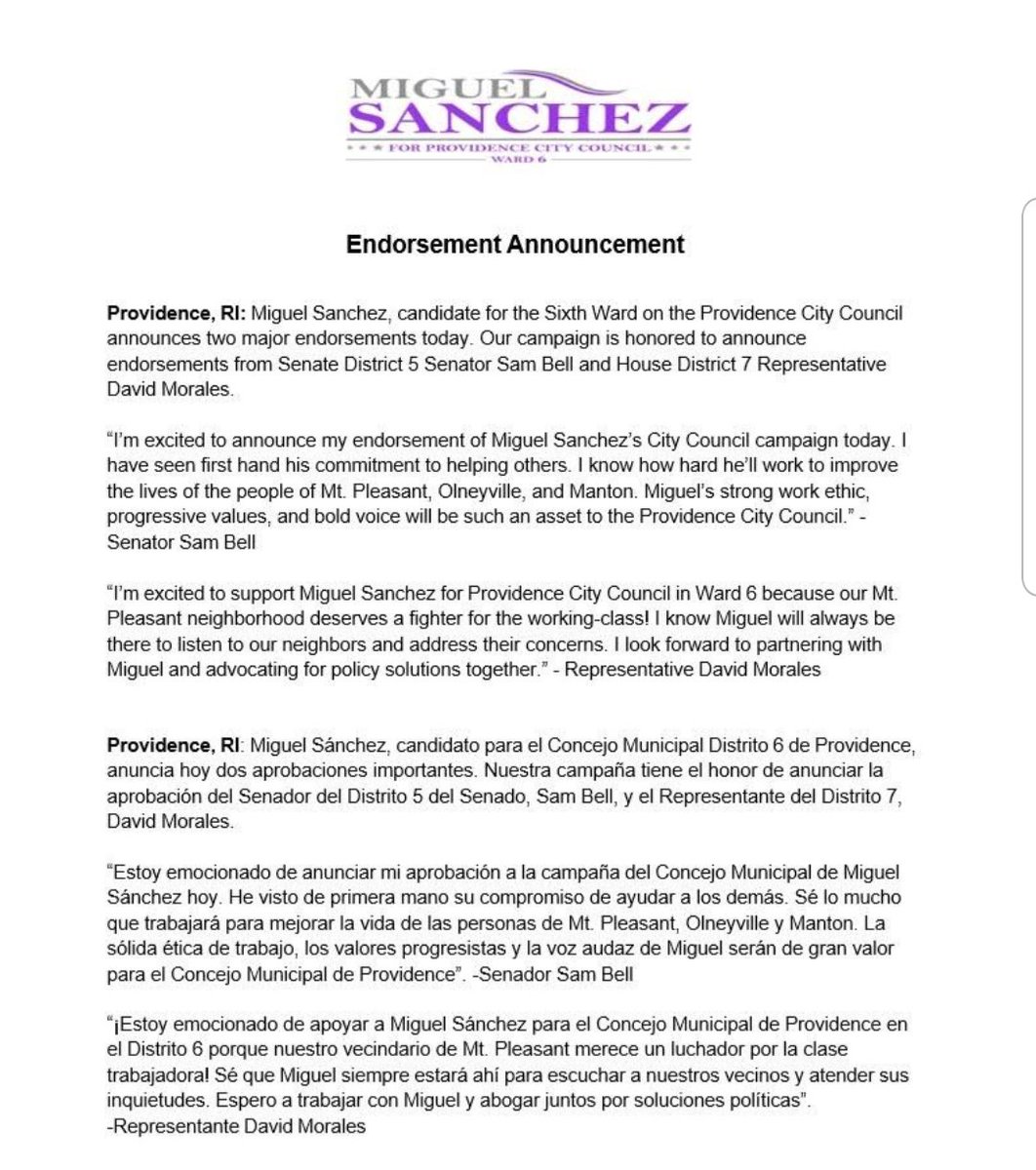 RayBaccari's tweet photo. @SamuelWBell and @DavidMoralesRI endorse Providence Ward 6 City Council candidate @MSanchezPVD: https://t.co/m9qmzrAdGM