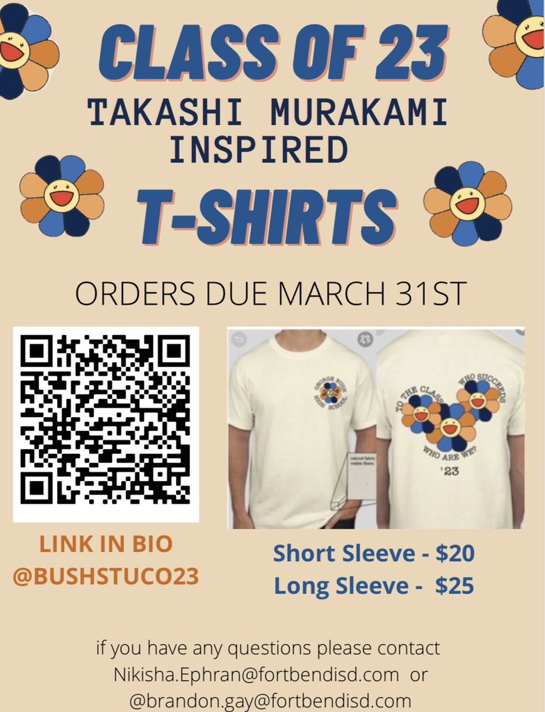 bushclassof23's tweet photo. CLASS OF 23 TSHIRTS ARE NOW AVAILABLE FOR PURCHASE THROUGH REVTRAK!!! check out the link in our bio for the revtrak to get your shirts! short sleeve are $20 and long sleeve are $25. https://t.co/Hi6cpbBrCH