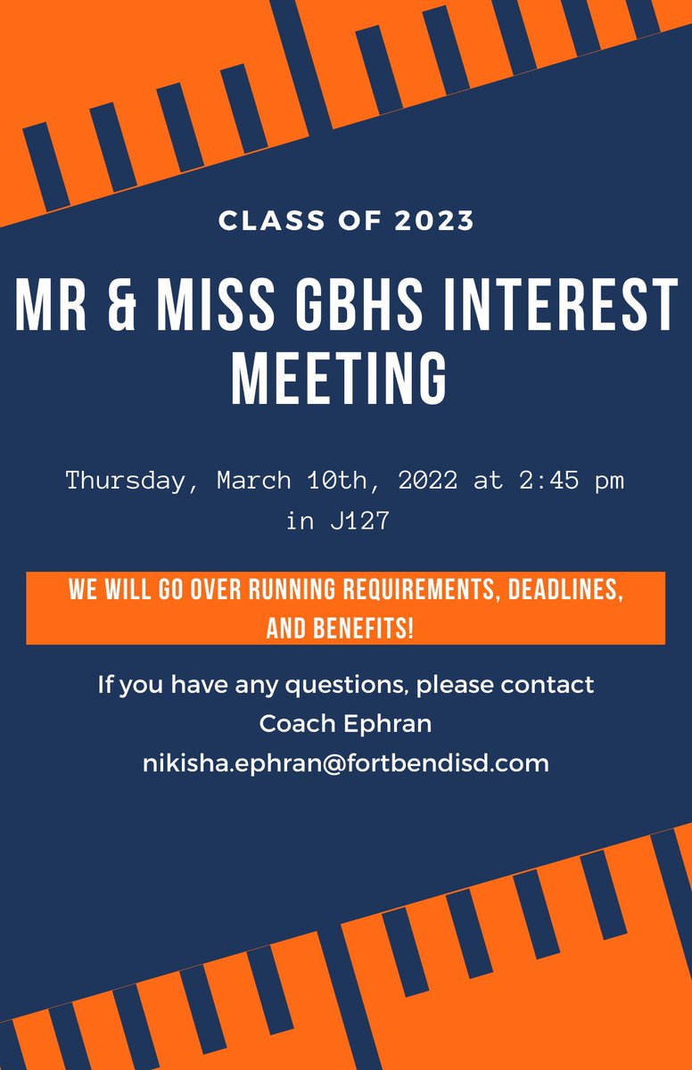 bushclassof23's tweet photo. mr &amp; miss gbhs MANDATORY interest meeting will take place this thursday right after school in coach ephran’s classroom, J127! if you intend on running or are interested in running, make sure you attend the meeting! it is mandatory to attend!! https://t.co/I4UU917p4c