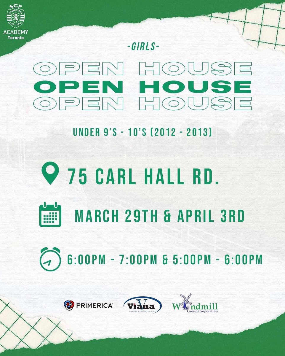 SCP_Toronto's tweet photo. Our Open House is just around the corner! See below for dates, times, and locations regarding U9 and U10 girls, and U8-U14 boys🟢🦁
#WeAreSporting https://t.co/Oy5t6yROuu