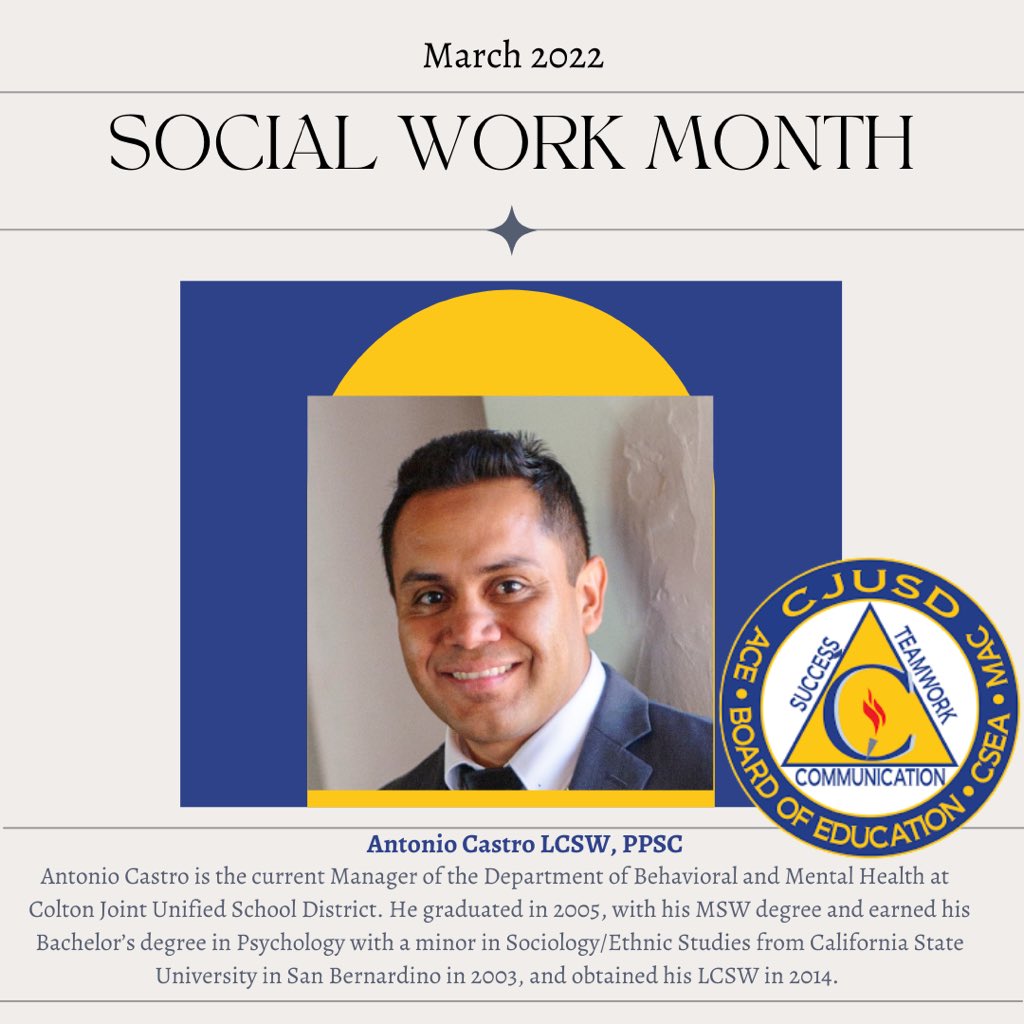 March is Social Work recognition month. Today we are honoring Mr. Castro for his dedication and passion to the field of social work! 

If you see him please THANK him for his service! 

<a href="/cjusd_mh/">Mental Health</a> <a href="/chspepperbough/">Pepper Bough</a> <a href="/coltonjusd/">Colton Joint Unified</a> @bruinswellness <a href="/gthswellness/">Titan’s Wellness Center</a>