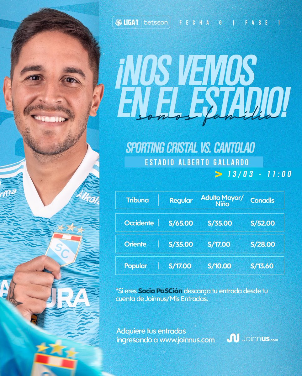 ClubSCristal's tweet photo. ¡Todos a alentar a nuestro querido Sporting Cristal! 💙🎽

El domingo nos vemos en el estadio Alberto Gallardo para apoyar al equipo.

Adquieran sus entradas en @joinnus 
➡️ https://t.co/jOqROFG9wr

#FuerzaCristal 
#SomosFamilia https://t.co/FSHVpGnXmD