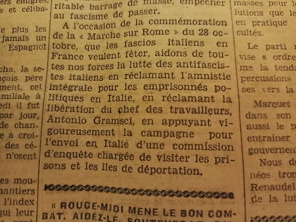 GActuel's tweet photo. Dans son édition du 27 octobre 1934, le quotidien #communiste de la région de #Marseille "Rouge Midi" publie un article sur "les enseignements du fascisme", 12 ans après la Marche sur Rome. On y lit un appel à la libération d'Antonio #Gramsci et des prisonniers politiques. https://t.co/27ibzAOu0q