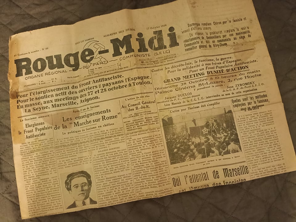 GActuel's tweet photo. Dans son édition du 27 octobre 1934, le quotidien #communiste de la région de #Marseille "Rouge Midi" publie un article sur "les enseignements du fascisme", 12 ans après la Marche sur Rome. On y lit un appel à la libération d'Antonio #Gramsci et des prisonniers politiques. https://t.co/27ibzAOu0q