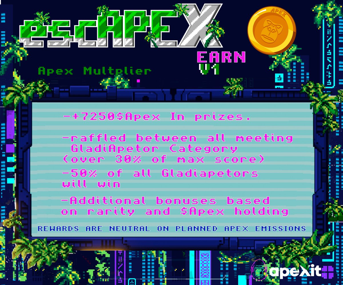 apeXit_finance's tweet photo. There's a new contest running on #Escapex game.
More info about rules and bonuses for holding are on discord.
https://t.co/wsWlJmEZ8v
#P2e #NFTGame #solana #apexit https://t.co/C20tnYXzFB