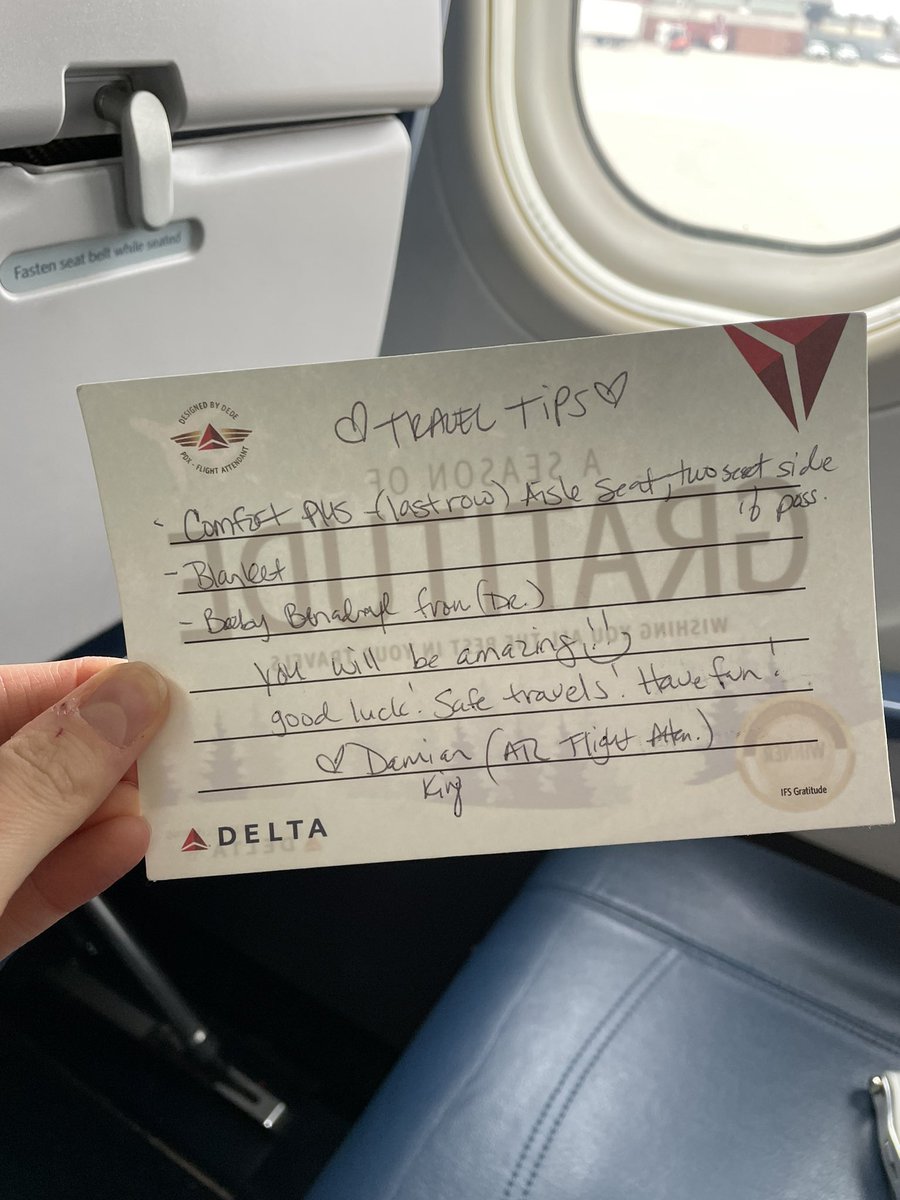 livhookfrey's tweet photo. Why I fly @Delta… heading on a work trip and started talking to a flight attendant about flying to Paris with Shepherd this summer. Damian gave me tips that made me feel better about our upcoming trip. He even brought me this note! TY for going above and beyond, Damian! ☺️ https://t.co/NNs4P2DBU0