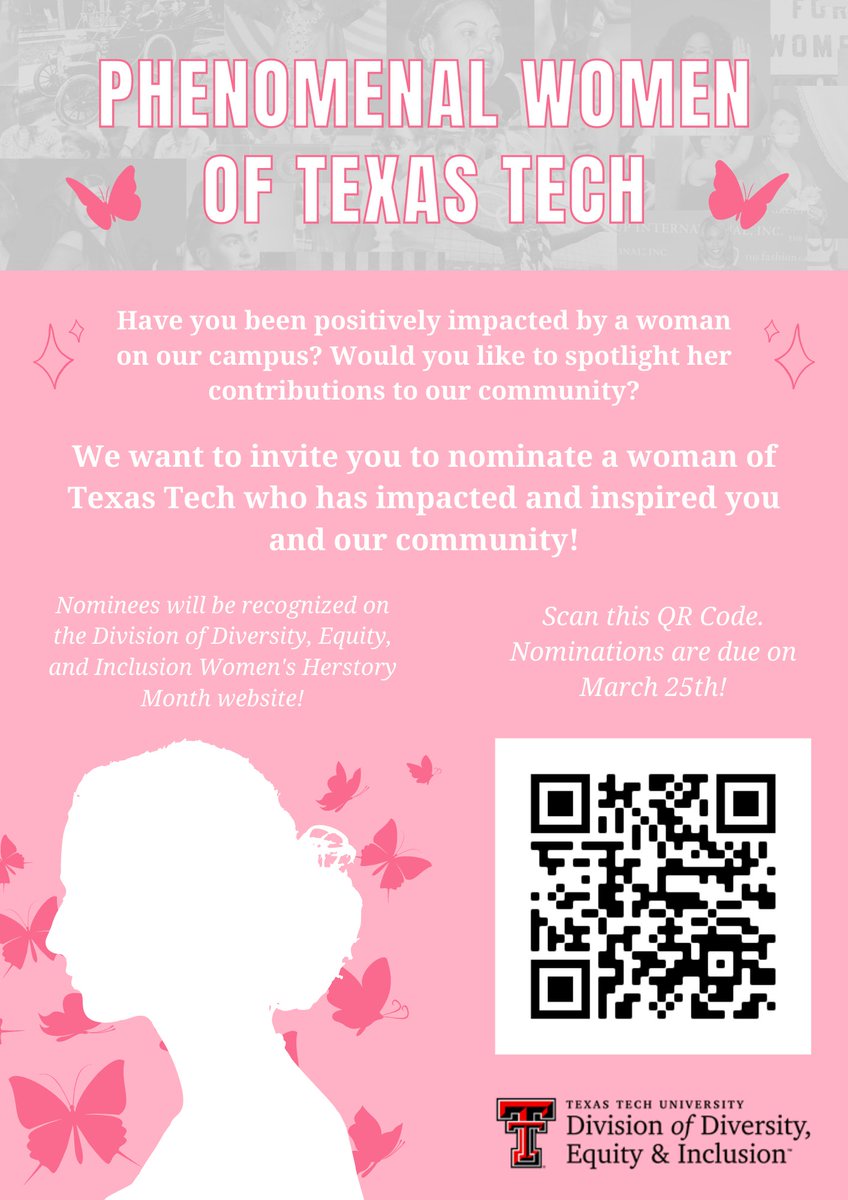 Have you been positively impacted by a woman on our campus? Would you like to spotlight their contributions to our community? Nominate them for recognition as a Phenomenal Woman of Texas Tech. Link in our bio 🤩