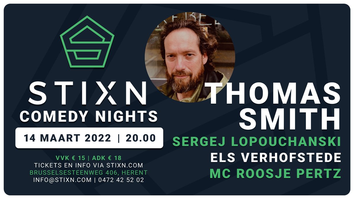 DeGeens's tweet photo. Hopsakee! Maandag 14 maart is het weer Stixn Comedy Night in Herent met @DeThomasSmith, @SergejSky, Els Verhofstede & de enige echte @roosjepertz! #comedy #hahacomedy
Tickets via https://t.co/fKvrQcBhsw 🎟️🎟️🎟️ https://t.co/E2nXivxuRb