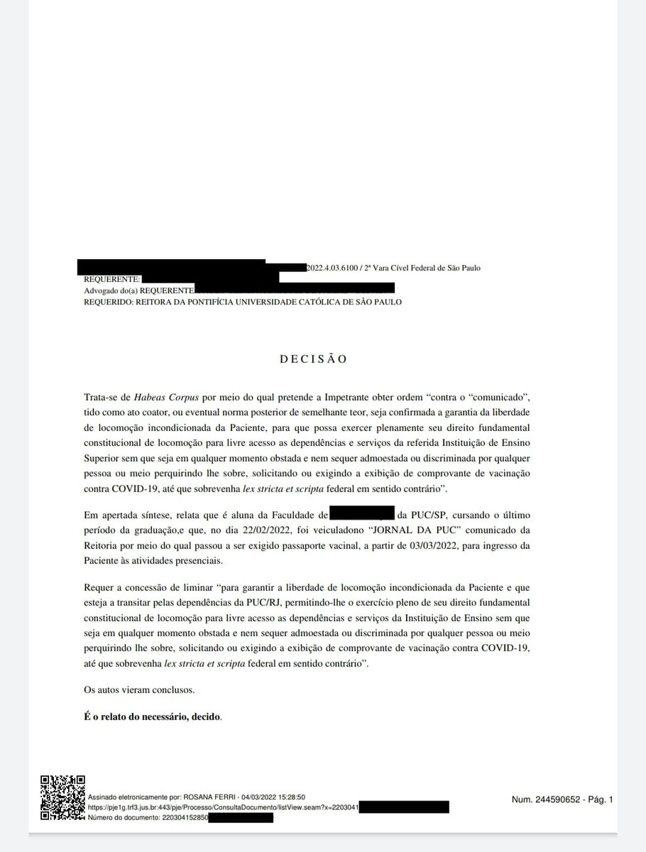 drpaulofaria22's tweet photo. 🚨🚨URGENTE 🚨🚨
PASSAPORTE VACINAL AFASTADO em duas decisões liminares.
Uma, contra a PUC/SP, dia 04/03/2022, JFSP, 2ª VF.
Outra, agora pouco (08/03), contra a PUC/RJ, JFRJ, 12ª VF.
Ambos HABEAS CORPUS CÍVEL, com laudo médico.
Vitória da LIBERDADE! Vale a pena lutar por ela.🙌 https://t.co/94FR5c4U1x
