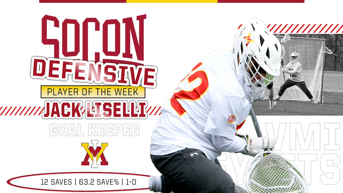 SoConSports's tweet photo. Jack Liselli is the #SoConMLAX defensive player of the week���

🥍 Went 1-0 on the week.
🥍 12 saves.
🥍 63.2 save%. 

#SoConMLAX🥍 x @VMI_Lacrosse 

🔗https://t.co/NOqBjA4TFP https://t.co/6FYqEh1jRX