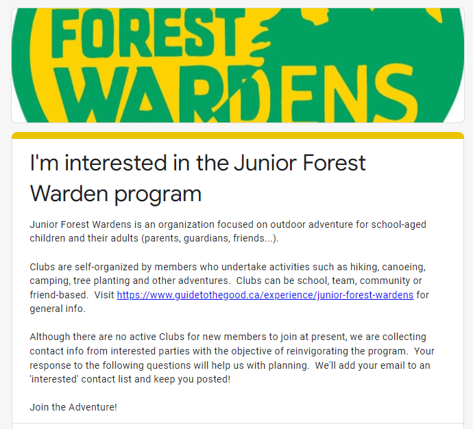 guide2good's tweet photo. Interested in getting outdoors with the kids? Let the Junior Forest Wardens know with this short form:
https://t.co/jXZ1XqGinQ
JFW focuses on outdoor adventure for school-aged children and their adults. #Guide to the Good #JuniorForestWardens #ThinkPlanetLiveLocal #PlayOutdoors https://t.co/yNJVqSfhOu