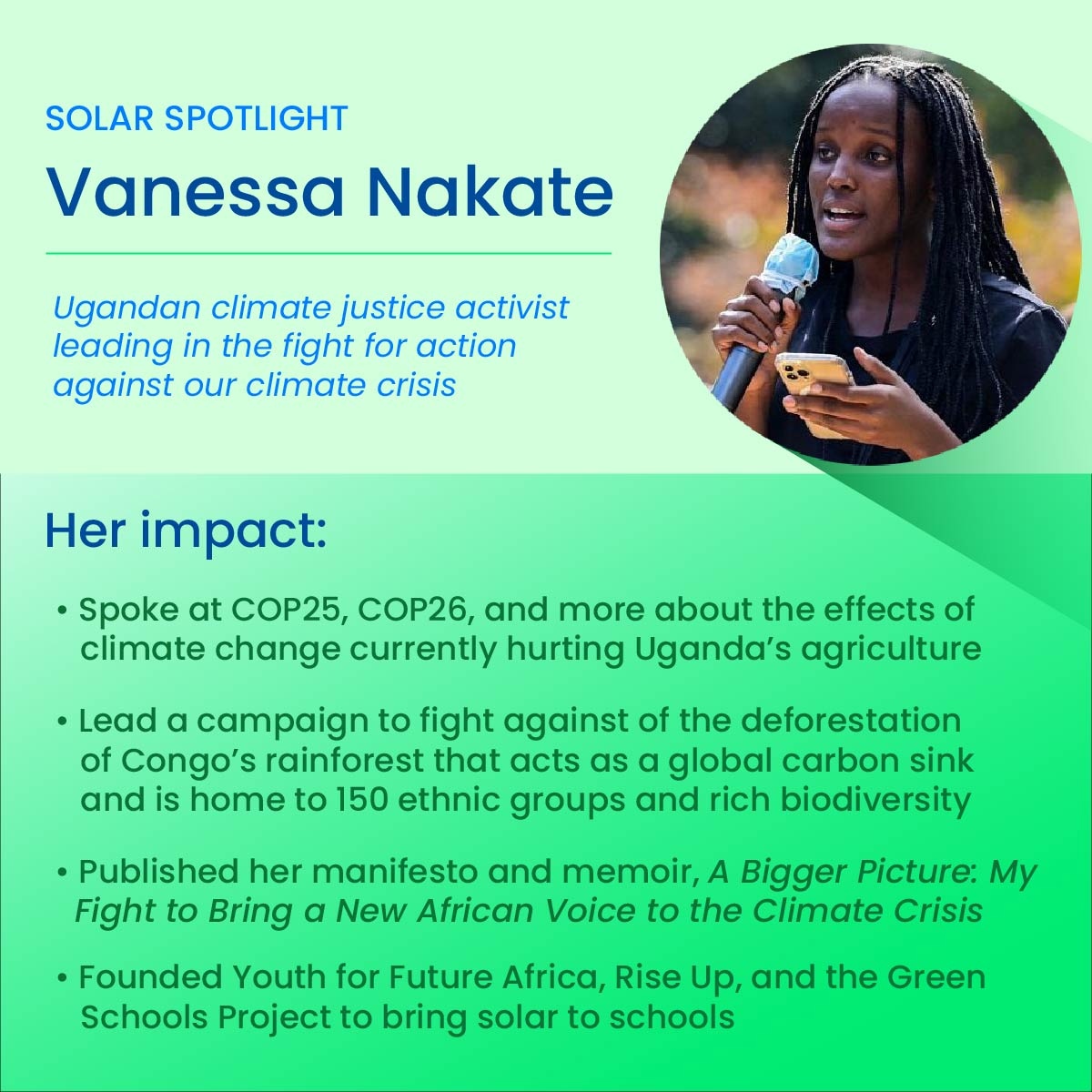 mycommonenergy's tweet photo. Happy International Women’s Day! Today’s Solar Spotlight goes to the incredible climate activist, Vanessa Nakate 🎉  #womensday https://t.co/J9MvMX2RPA