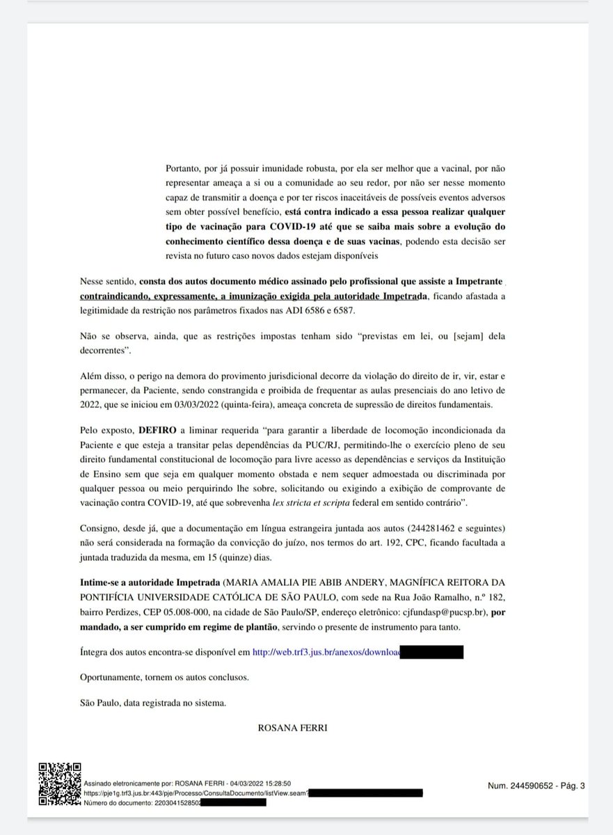 drpaulofaria22's tweet photo. 🚨🚨URGENTE 🚨🚨
PASSAPORTE VACINAL AFASTADO em duas decisões liminares.
Uma, contra a PUC/SP, dia 04/03/2022, JFSP, 2ª VF.
Outra, agora pouco (08/03), contra a PUC/RJ, JFRJ, 12ª VF.
Ambos HABEAS CORPUS CÍVEL, com laudo médico.
Vitória da LIBERDADE! Vale a pena lutar por ela.🙌 https://t.co/94FR5c4U1x