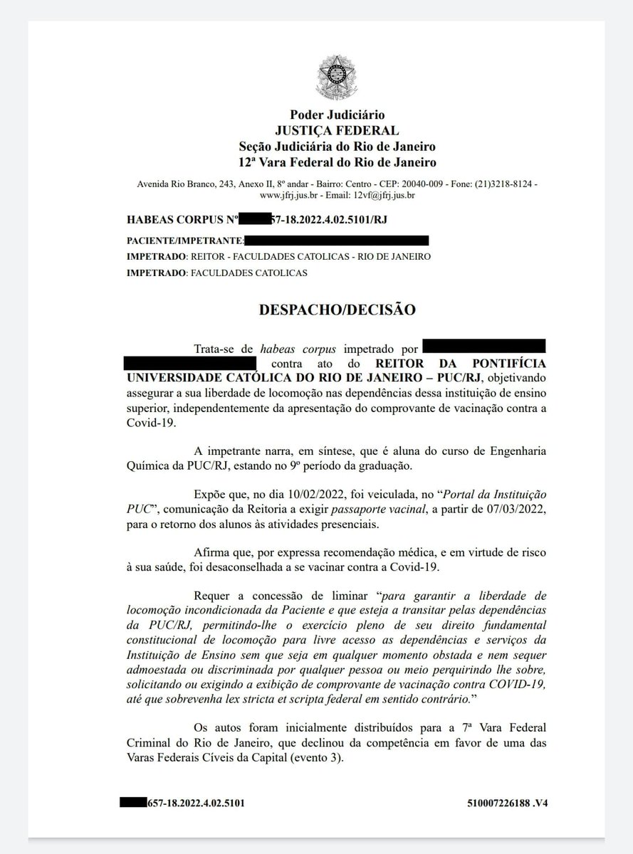 drpaulofaria22's tweet photo. 🚨🚨URGENTE 🚨🚨
PASSAPORTE VACINAL AFASTADO em duas decisões liminares.
Uma, contra a PUC/SP, dia 04/03/2022, JFSP, 2ª VF.
Outra, agora pouco (08/03), contra a PUC/RJ, JFRJ, 12ª VF.
Ambos HABEAS CORPUS CÍVEL, com laudo médico.
Vitória da LIBERDADE! Vale a pena lutar por ela.🙌 https://t.co/94FR5c4U1x