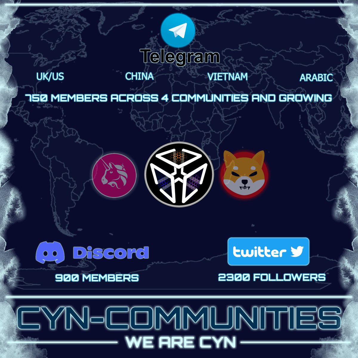 The CYN-Community is growing! 

Now on #telegramgroup #Discord &amp; Twitter. 

Join now 🎉

#Telegram 
UK/US - t.me/CynCommunity
China - t.me/cnCYNC
Vietnam - t.me/CynCVietnam
Arabic - t.me/Cyncarabic

Discord - discord.gg/FAGd4hfswe

#CryptoNews