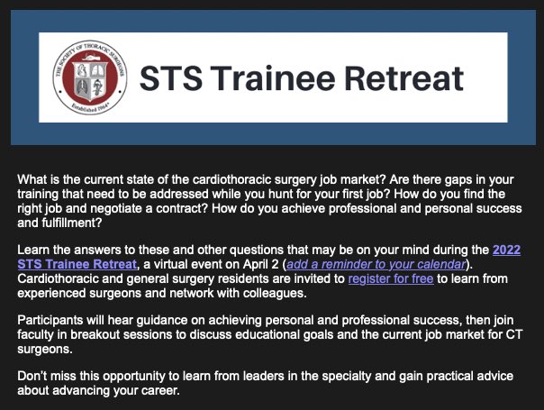 <a href="/STS_CTsurgery/">The Society of Thoracic Surgeons</a> Trainee Retreat. Don’t miss this opportunity to learn from leaders of the field! Register now: sts-org.zoom.us/meeting/regist…
