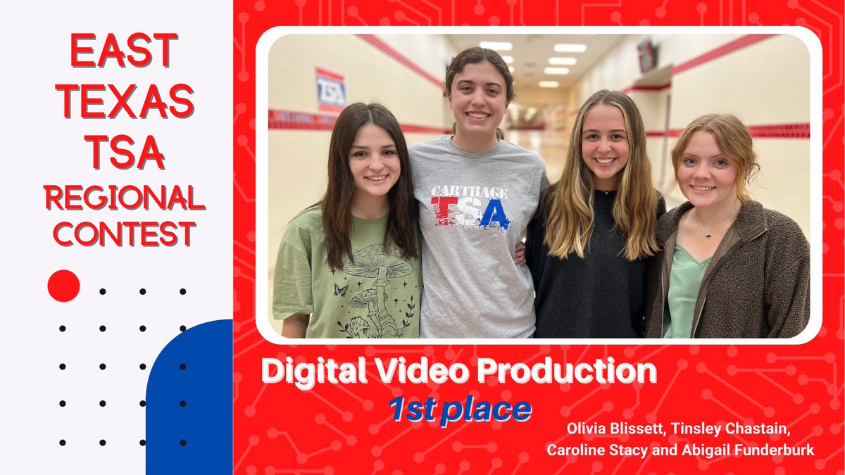 CarthageTsa's tweet photo. These four ladies worked together to compete in Digital Video Production this year and came in 1st place at regionals! Now they are state bound! https://t.co/sXB7KIx8mi