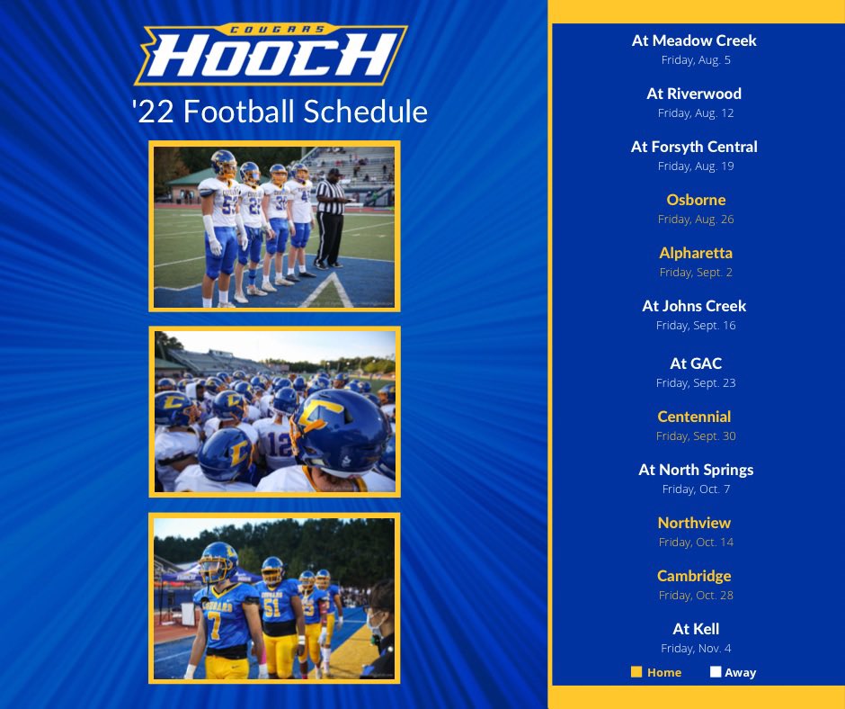 The 2022 Chattahoochee Football Schedule. All games at 7:30 except for Riverwood at 7:00 #HoochFamily