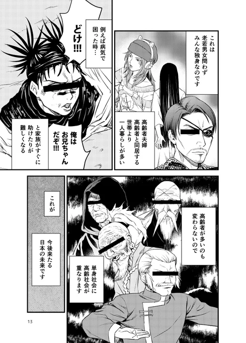 3月20日のガタケットで頒布予定の新刊ではソロ社会、高齢化社会について漫画でお話していきます。大半が単身で、中年、高齢者が溢れる社会。
その未来を避けること自体はかないませんが、今後どうしていくのが良いでしょうか? 