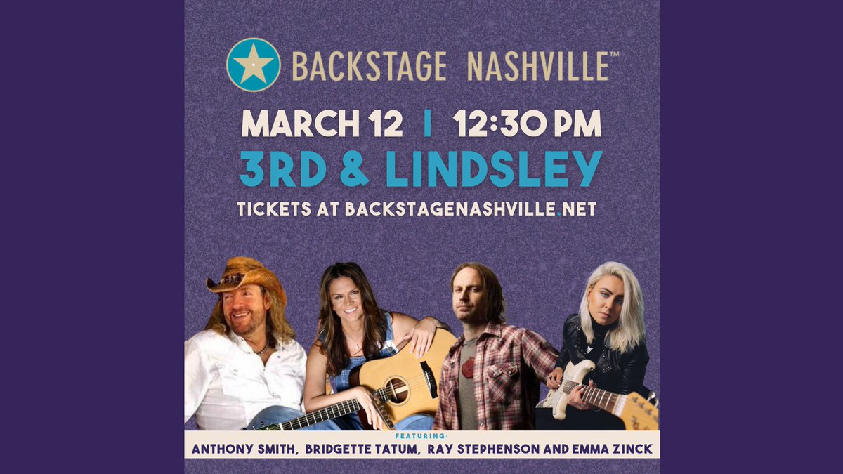 Backstage Nashville™ (@backstagenash) on Twitter photo Our rowdy friends are coming over this Saturday 2 play “nothin’ but COUNTRY” music & you’re invited! Join us 3/12 at @3rdAndLindsley as we welcome <a href="/AnthonySmithHQ/">AnthonySmith</a>, <a href="/BridgetteTatum/">Bridgette Tatum</a>, <a href="/RayStephenson/">Ray Stephenson</a> & <a href="/EmmaZinckMusic/">Emma Zinck</a>. "So catch a ride, catch a cab” & get 🎟️ @ bit.ly/BSNMarch12 Our rowdy friends are coming over this Saturday 2 play “nothin’ but COUNTRY” music & you’re invited! Join us 3/12 at @3rdAndLindsley as we welcome <a href="/AnthonySmithHQ/">AnthonySmith</a>, <a href="/BridgetteTatum/">Bridgette Tatum</a>, <a href="/RayStephenson/">Ray Stephenson</a> & <a href="/EmmaZinckMusic/">Emma Zinck</a>. "So catch a ride, catch a cab” & get 🎟️ @ bit.ly/BSNMarch12