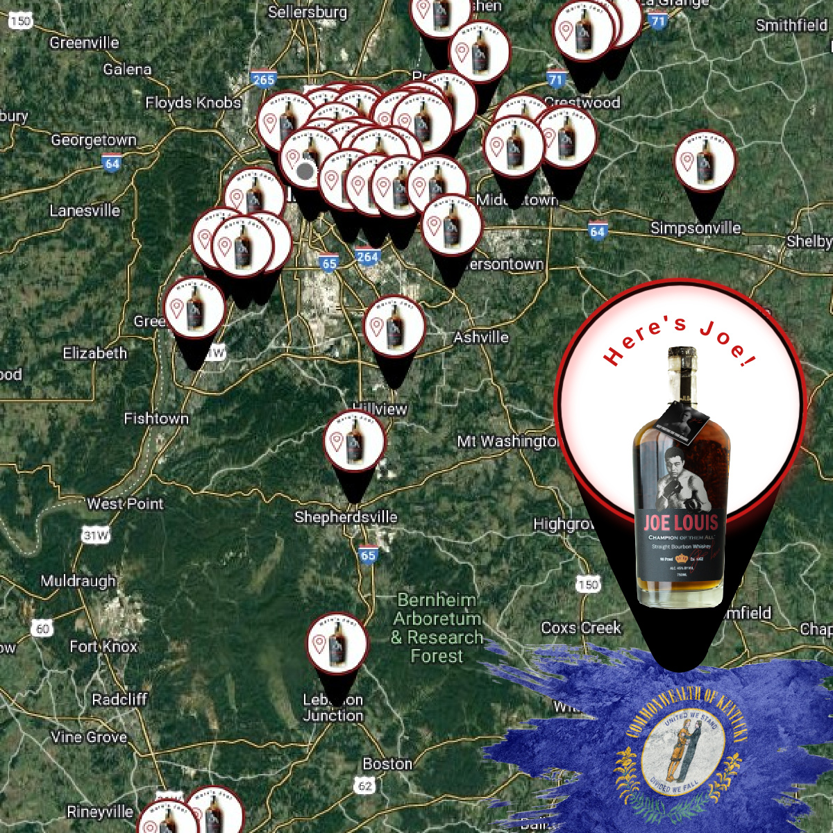 JoeLouisBourbon's tweet photo. Where's Joe in Kentucky? Here's Joe in Kentucky! If you don't find your favorite liquor store or restaurant bar on the map, let them know you want it! Check the map: https://t.co/dTzqrpKhiw
#JoeLouis #Bourbon #TrueAmericanSpirit #Kentucky https://t.co/6cQfT1A8xL