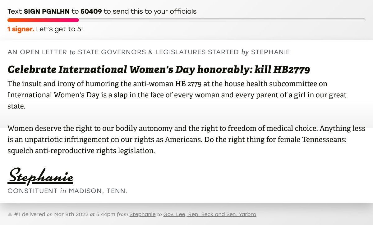 openletterbot's tweet image. 🖋 Sign “Celebrate International Women's Day honorably: kill HB2779” and I’ll deliver a copy to your officials: 

📨 No. 1 is from Stephanie to @govbilllee, Rep. Beck and Sen. Yarbro  #TNpolitics #TNpol