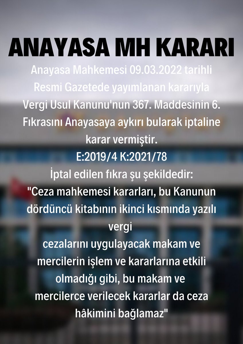 Anayasa Mahkemesi 09.03.2022 tarihli Resmi Gazetede yayımlanan kararıyla Vergi Usul Kanunu'nun 367. Maddesinin 6. Fıkrasını Anayasaya aykırı bularak iptaline karar vermiştir.
E:2019/4
K:2021/78
#Sondakika #AnayasaMahkemesi #emsalkarar #Vergi #vergihukuku #vergiyargısı #yargı
