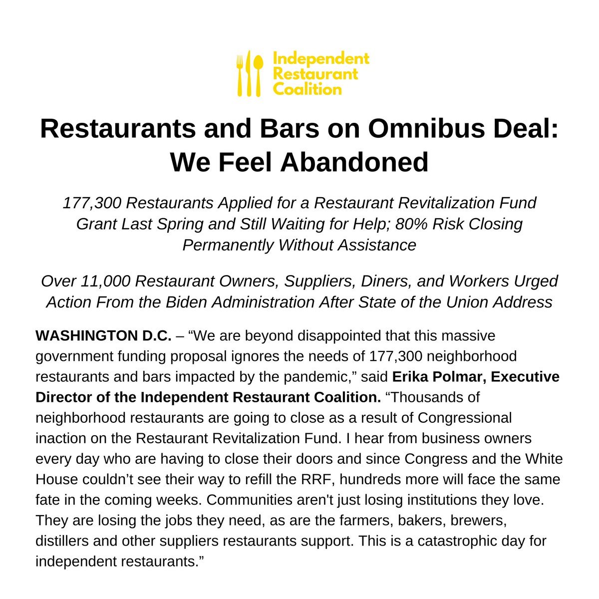 This is a catastrophic day for independent restaurants. Read our statement on reports that Congress will not add money to the Restaurant Revitalization Fund as part of the latest spending bill. #SaveRestaurants saverestaurants.com/news-item/rest…