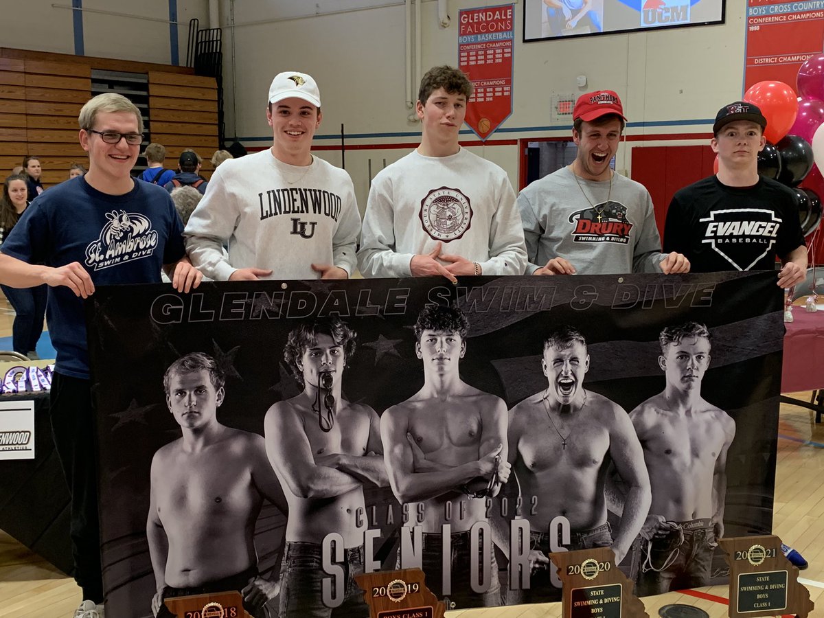 GHSwim_dive's tweet photo. Signing ceremony at Glendale today.  All five of our Senior guys are playing at the next level.  
Sam to St. Ambrose
Trey to Lindenwood
Lucas to Missouri State
Michael to Drury 
Jackson to Evangel (Baseball)
Congratulations to these young men and their families! https://t.co/ePKJHnAaJk