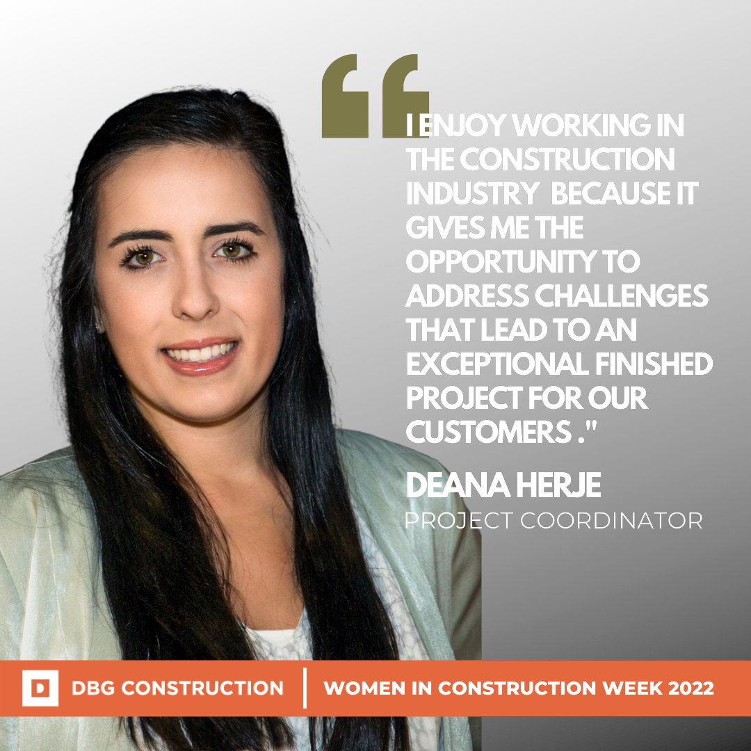 DBGConstruction's tweet photo. We are excited to start our Women in Construction Week spotlights with Deana Herje, Project Coordinator. Deana has been with DBG for two years. As a project coordinator she provides support to our field team and coordinates all A/E activities. #wicweek2022 #womeninconstruction https://t.co/W2rPKPbJ2N