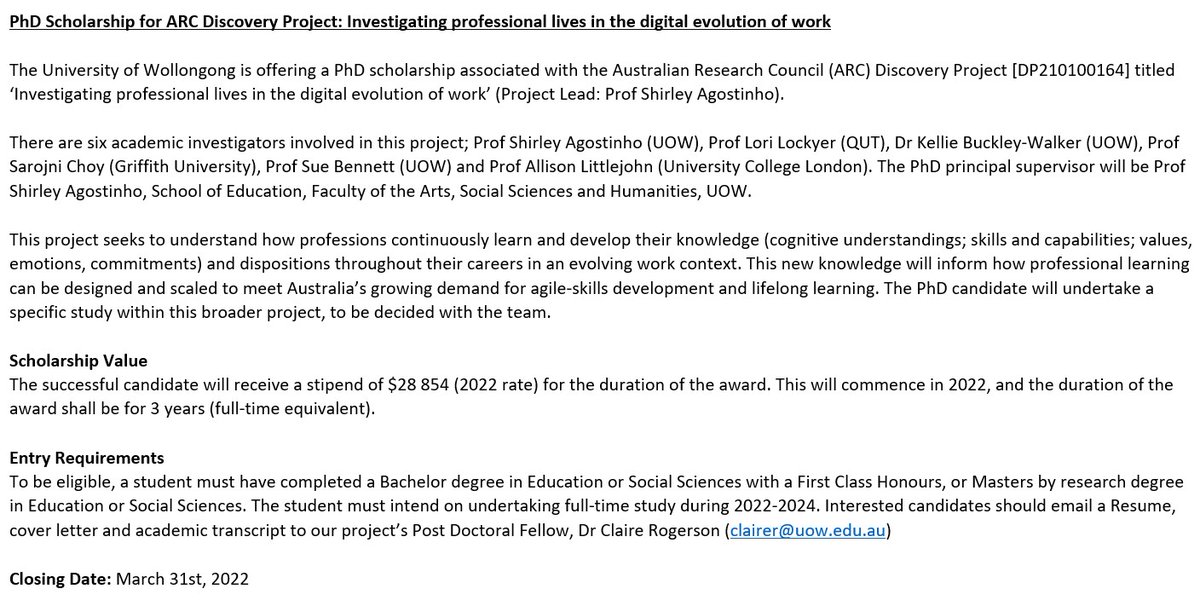 SandrisZeivots's tweet image. #PhD #scholarship on 'Investigating professional lives in the #digital evolution of #work' @UOW Wollongong, Australia.

Applications due: 31 March
Scholarship: $28,854 for 2022-2024 (#ARC Discovery).
@amandalizier #PhDposition @Raecooper1 
More info: 👇👇👇