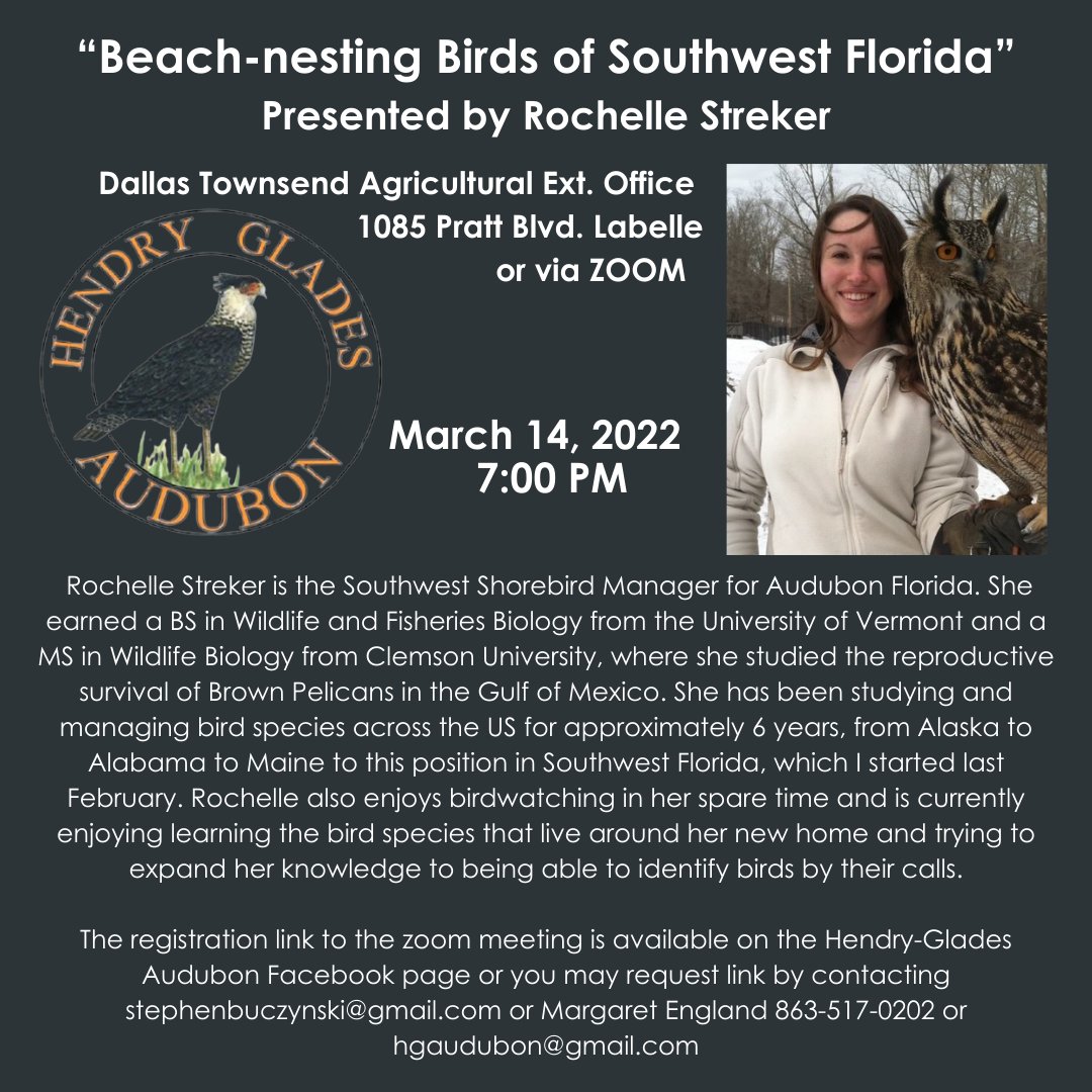 “Beach-nesting Birds of SW Florida”
The ZOOM registration link is on the  Hendry-Glades Audubon Facebook page.

#DiscoverHendry #birding #birds #audubon #hendrycounty #VisitClewiston #visitLaBelle #hereinhendry #wildlife #southwestflorida #everglades #avianadventures #swfl