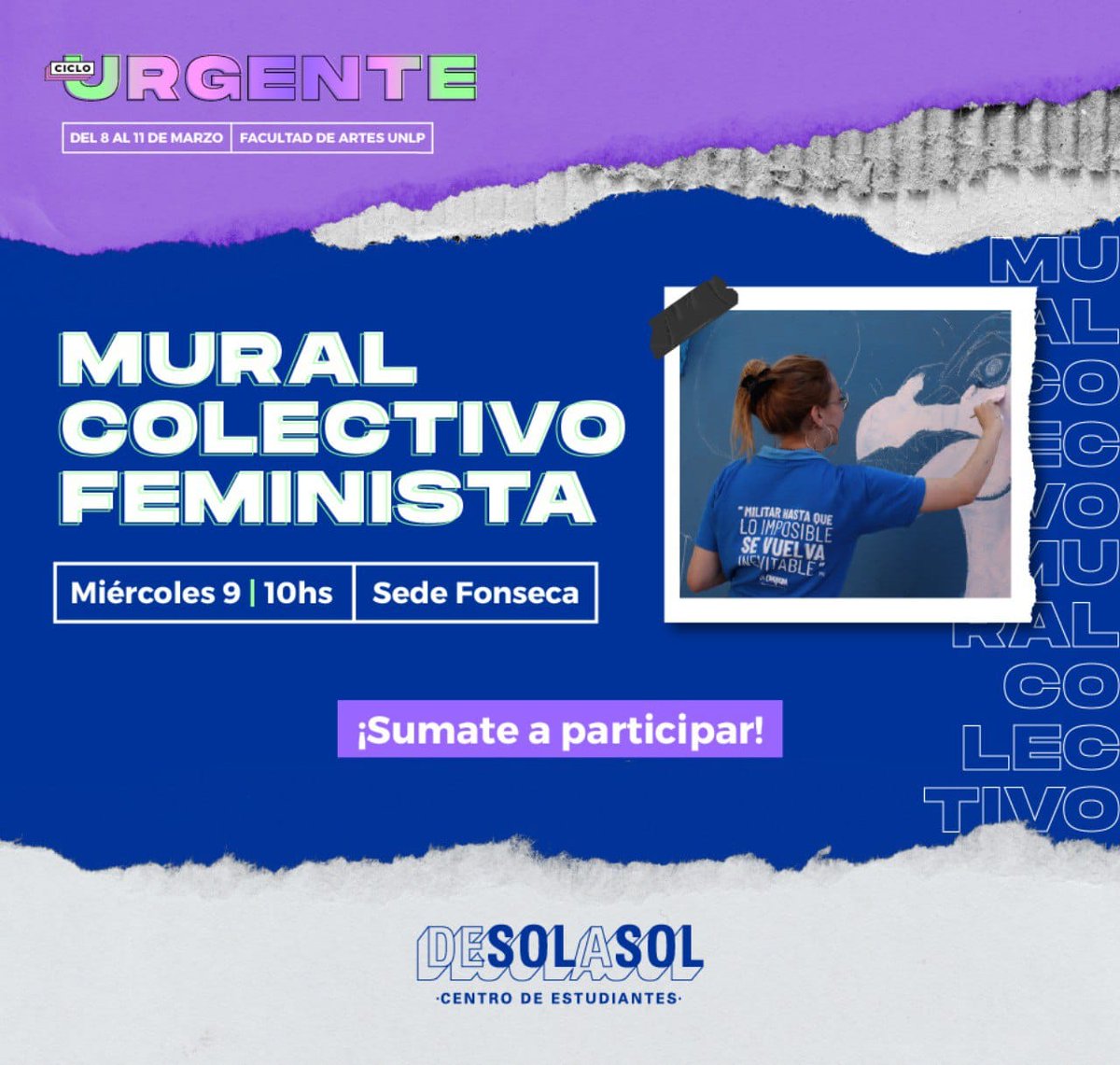 Desolasol_fda's tweet photo. ✨🌈 MURAL COLECTIVO FEMINISTA 🌈✨

Este miércoles 9 de marzo reivindicamos la lucha del colectivo feminista y disidente con una intervención en nuestra facultad. 
.
📍10hs - Sede Fonseca 
.
¡Sumate a participar!

¡TE ESPERAMOS! 💚🏳️‍🌈 https://t.co/yqL6Ky6m2V