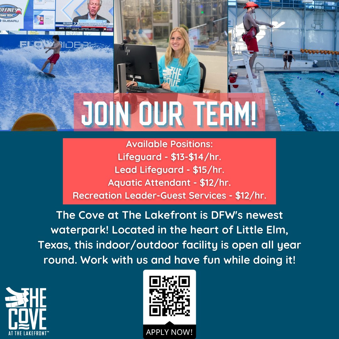 Join our team! 🤩

We have flexible schedules, and we have fun! Every employee at The Cove® receives a free membership to both The Cove® and The Rec­­™!

Apply at thecoveatthelakefront.com/jobs