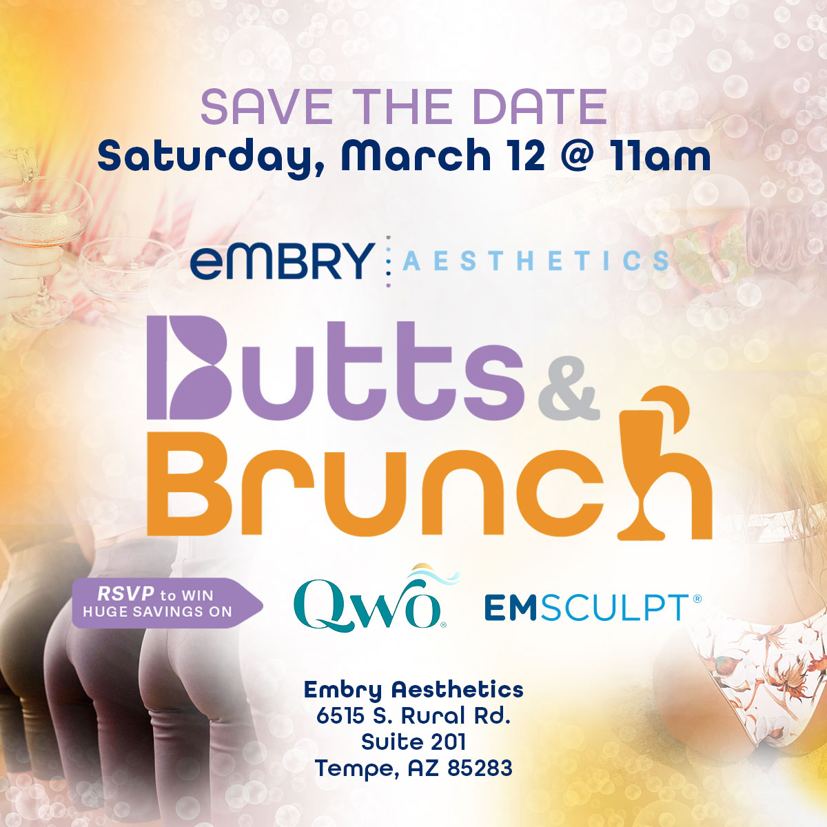EmbryAesthetics's tweet photo. Join us for our Butts &amp; Brunch on March 12! We will be talking about cellulite, Qwo, and Emsculpt. #medicalspa #medspa #brunch #brunchevent #qwo #embryaesthetics #emsculpt https://t.co/PmHakEB3t8