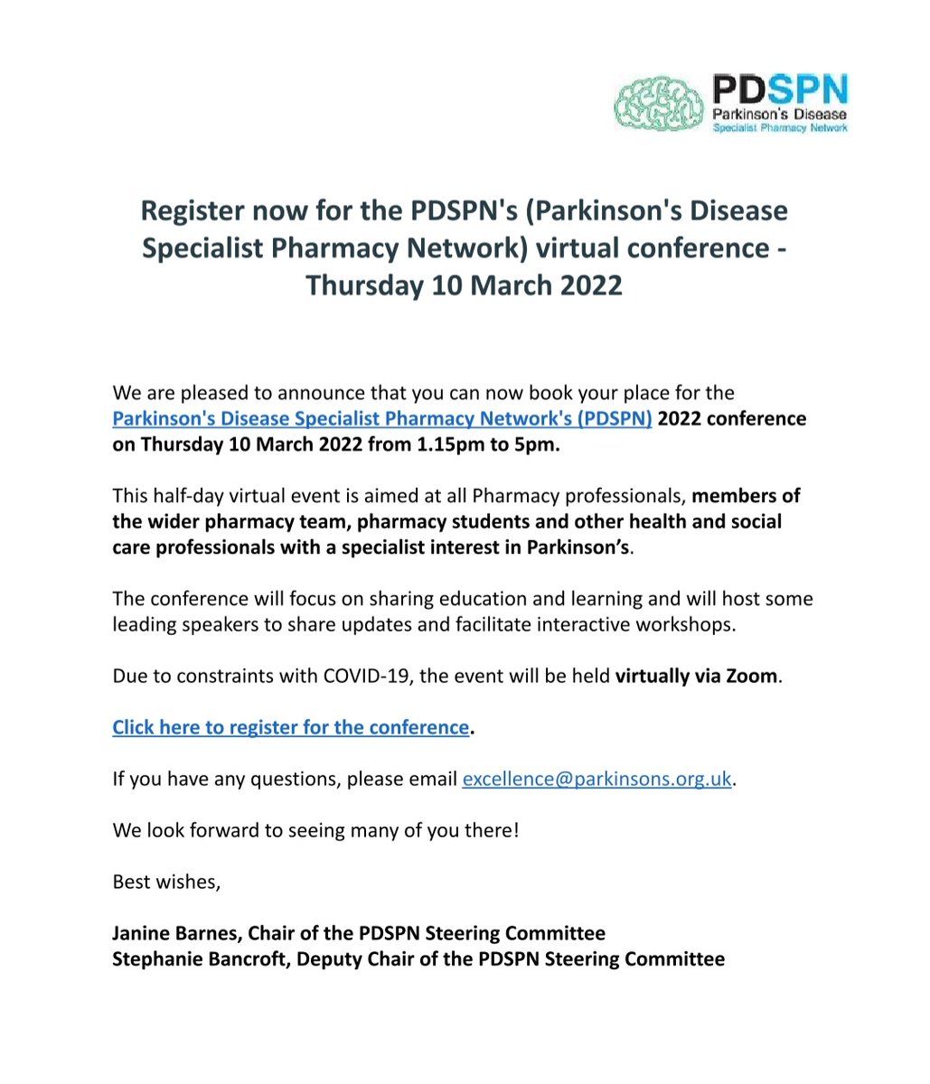 Parkinson's Disease Specialist Pharmacy Network (@pharmacy_pdspn) on Twitter photo Calling all pharmacy professionals and students and other professionals with an interest in Parkinson's this Thursday is our FREE virtual conference! <a href="/ParkinsonsEN/">Parkinson's UK Excellence Network</a> <a href="/ParkinsonsUK/">Parkinson's UK</a> <a href="/UKCPA/">UKCPA</a> <a href="/UKCPANeuro/">UKCPA Neurosciences Committee</a> <a href="/PharmacyAc/">Pharmacy Academy</a> @PDNSA Calling all pharmacy professionals and students and other professionals with an interest in Parkinson's this Thursday is our FREE virtual conference! <a href="/ParkinsonsEN/">Parkinson's UK Excellence Network</a> <a href="/ParkinsonsUK/">Parkinson's UK</a> <a href="/UKCPA/">UKCPA</a> <a href="/UKCPANeuro/">UKCPA Neurosciences Committee</a> <a href="/PharmacyAc/">Pharmacy Academy</a> @PDNSA