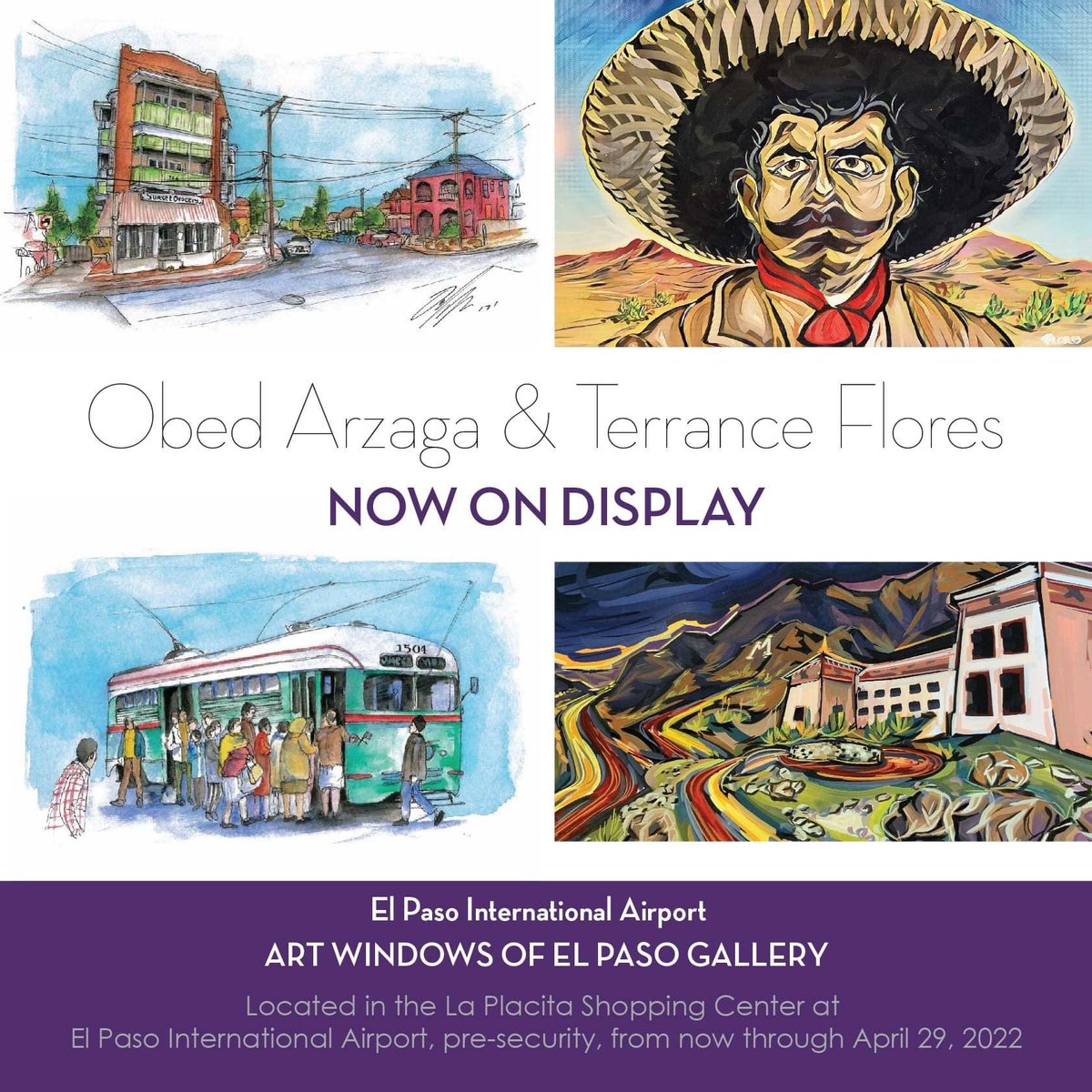 flyelp's tweet photo. Happy to announce that Art Windows is back. See the work of Obed Arzaga and Terrance Flores in the gallery just off the main lobby. #flyelp #iamelpaso #airportart https://t.co/HeTgrVdoaO
