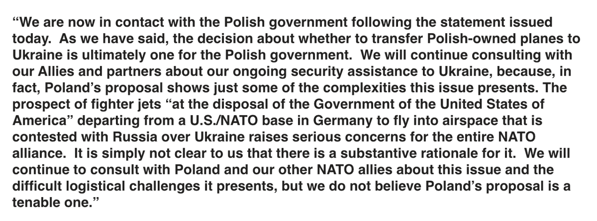 'We do not believe Poland’s proposal is a tenable one,' Pentagon spokesman John Kirby says after Poland said it was ready to provide its MIG-29s at the U.S.'s disposal, adding, 'It is simply not clear to us that there is a substantive rationale for it.'