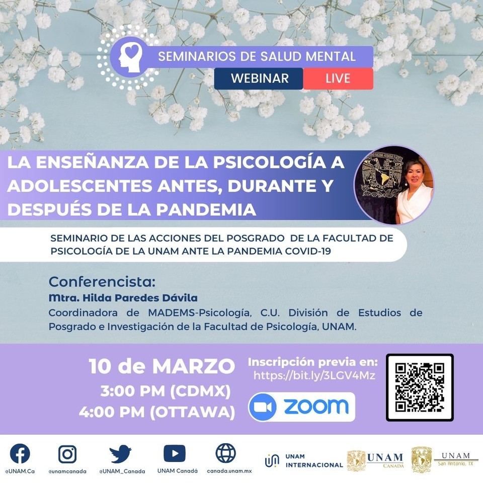 Invitación al webinar que impartirá la Mtra. Hilda Paredes Dávila, con el tema:
 
"La enseñanza de la psicología a adolescentes antes, durante y después de la pandemia"

10 de marzo 2022 - 3 pm.
 
Registro 👉unam.zoom.us/webinar/regist…