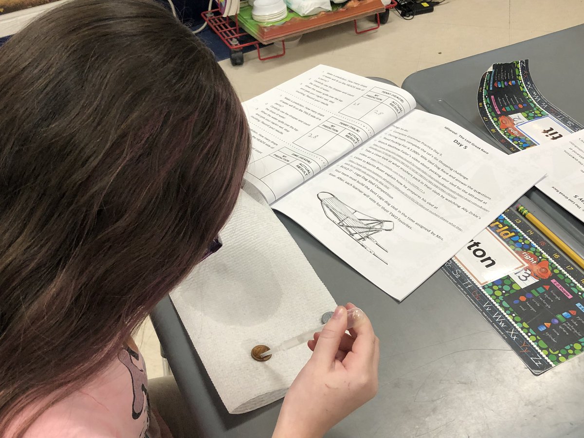 KiserClass's tweet image. Exploring water cohesion by counting the drops of water that collect on the top of common coins. Learners were impressed with the results. #LearnByDoing @The_Iditarod #WeAreMidview #GotScience #WaterCohesion