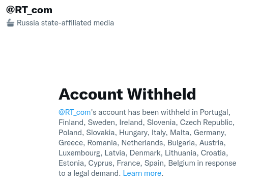 joethebrew's tweet photo. I am surprised at the speed with which EU citizens have accepted that the State censor their access to the internet.

Yes, RT is Russia-funded propaganda.

No, citizens of democracies do not need the State to protect them from the "bad guys" by restricting access to information. https://t.co/16H2vRPOHX