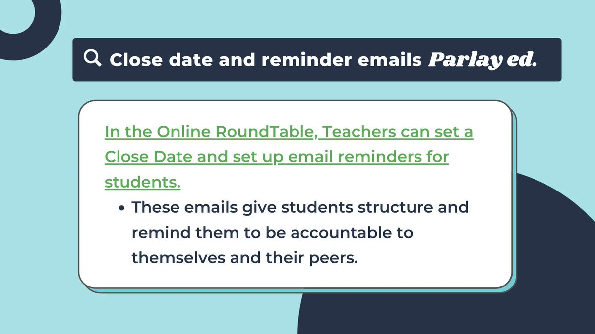 parlayideas's tweet image. Features in Parlay help #students practice #studentaccountability.

📒🖍️✅ Keeping Students Accountable During Asynchronous Learning ft. Discussions
Click the link to read➡️ buff.ly/3GV0gtq
.
#scaffoldlearning #edutwitter