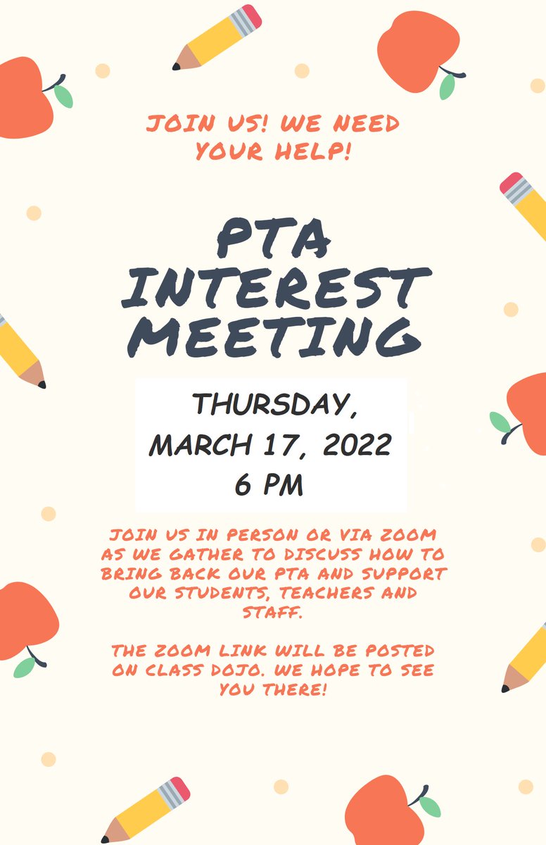 Parents! Have you been looking for ways to get involved? Join us on March 17th for a PTA interest meeting! We are offering in person and virtual meeting options. See you there!