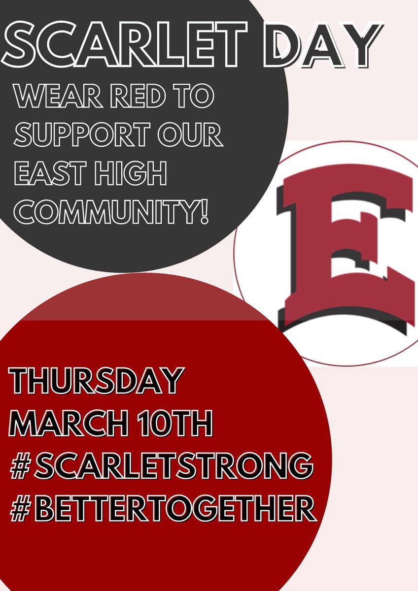 Show your support for the students, staff and community of East High School this Thursday by making it Scarlet Day. Wear red as a sign of solidarity and caring. This Thursday, we are all Scarlets.

#ScarletStrong